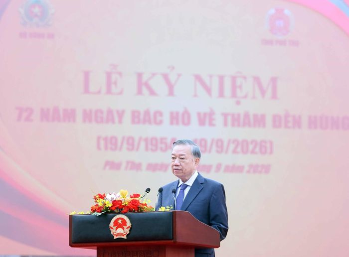 Tổng Bí thư, Chủ tịch nước Tô Lâm phát biểu tại Lễ kỷ niệm 72 năm Ngày Bác Hồ về thăm Đền Hùng (19/9/1954 - 19/9/2026) và khánh thành Tượng đài “Bác Hồ với Ngày hội non sông”. Ảnh: Thống Nhất – TTXVN
