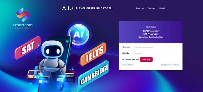 Giao diện đăng nhập Smartcom A.I English Training Portal.