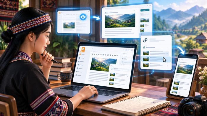 Thao tác thiết lập tính năng xem trước bản thảo và chèn đường liên kết nội bộ giúp bài viết trên blog được hiển thị chuẩn xác, nâng cao tính liên kết và trải nghiệm đọc trên thiết bị di động. Đồ họa: Thái Bình