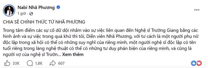 Nhã Phương lên tiếng giữa làn sóng tranh luận liên quan Trường Giang. Ảnh : Chụp màn hình