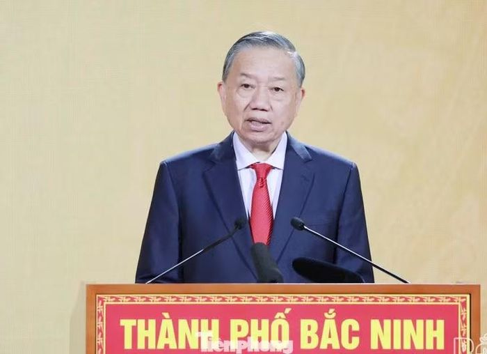 Tổng Bí thư, Chủ tịch nước Tô Lâm phát biểu tại Lễ công bố Nghị quyết của Quốc hội về việc thành lập thành phố Bắc Ninh. Ảnh: Báo và Phát thanh, Truyền hình tỉnh Bắc Ninh.