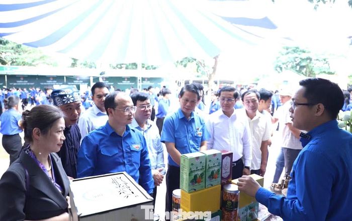 Đại biểu tham quan các gian hàng trưng bày các sản phẩm của thanh niên.