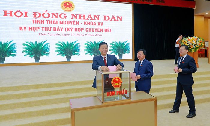 Các đại biểu thực hiện quy trình bầu Chủ tịch UBND tỉnh Thái Nguyên khóa 15, nhiệm kỳ 2026-2031 đối với ông Nguyễn Thế Mạnh. Ảnh: Mạnh Thắng