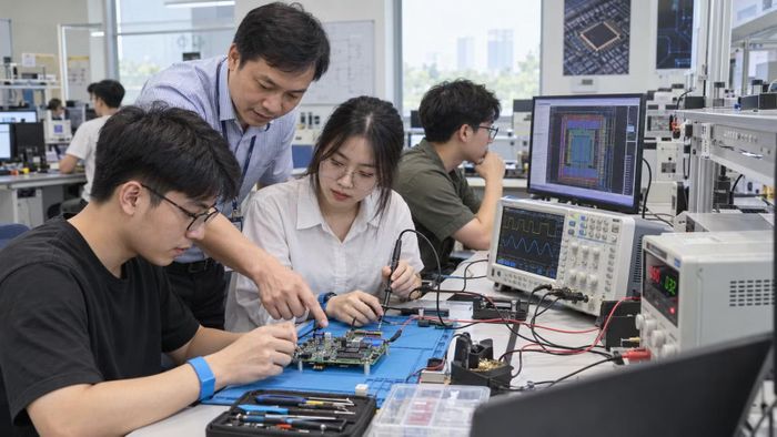 Sinh viên thực hành điện tử, vi mạch dưới sự hướng dẫn của giảng viên. Ảnh minh họa AI.