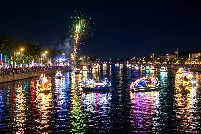 Ánh sáng, âm nhạc, pháo hoa rực sáng đôi bờ Hà Thanh trong đêm khai mạc lễ hội.