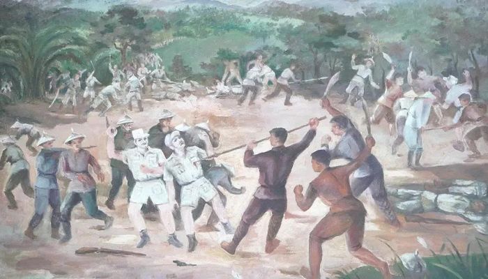 Tranh minh họa trận chiến đấu ác liệt của du kích Ngọc Trạo với thực dân Pháp tại Chiến khu Ngọc Trạo rạng sáng ngày 19/10/1941. Ảnh: tư liệu