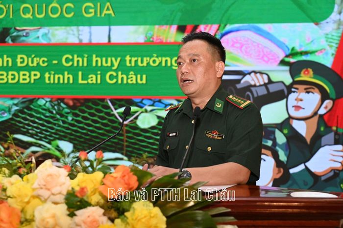 Đại tá Trương Minh Đức - Chỉ huy Trưởng Ban Chỉ huy BĐBP tỉnh Lai Châu tham luận về BĐBP Lai Châu đồng hành giúp nhân dân khu vực biên giới phát triển kinh tế thông qua mô hình trồng sâm gắn với bảo vệ chủ quyền lãnh thổ, an ninh biên giới quốc gia.