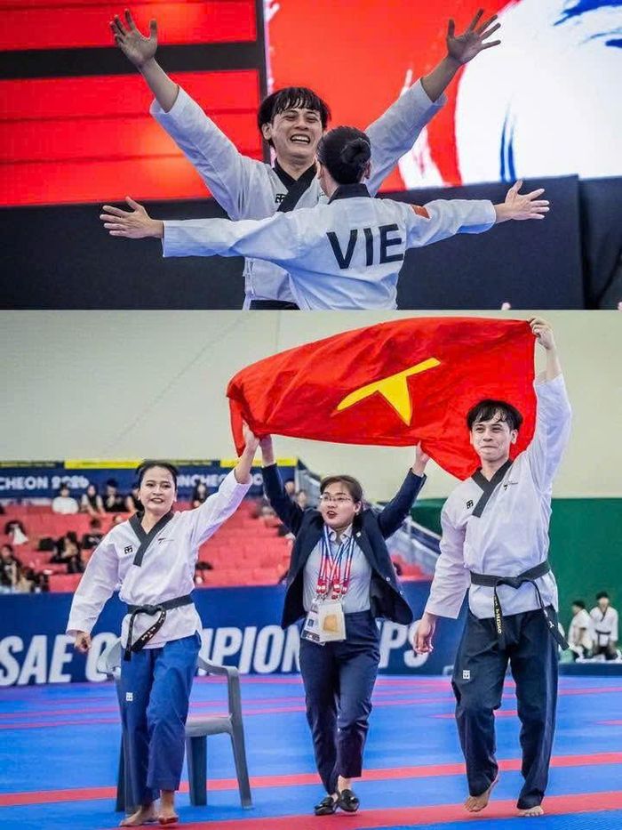 Hai VĐV Thiên Phụng và Lê Kim Taekwondo (Lâm Đồng) vui mừng sau chiến thắng trong trận chung kết. (Ảnh: Trung tâm Huấn luyện và Thi đấu Thể thao tỉnh Lâm Đồng)