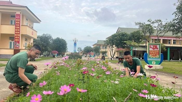 Cán bộ, chiến sĩ Trung đoàn chăm sóc, chỉnh trang cảnh quan, xây dựng doanh trại xanh, sạch, đẹp. Ảnh: Nhật Quang