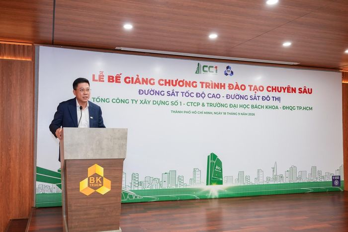 Ông Lê Bảo Anh - Tổng Giám đốc CC1 phát biểu tại sự kiện, bày tỏ trân trọng sự đồng hành của Trường ĐHBK cùng các chuyên gia đầu ngành.