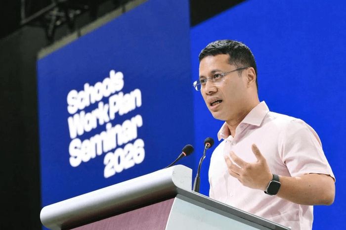 Bộ trưởng Giáo dục Singapore Desmond Lee phát biểu tại Hội thảo Kế hoạch công tác của Bộ Giáo dục tại Triển lãm Singapore ngày 16/9. Ảnh: Lim Yaohu/The Straits Times