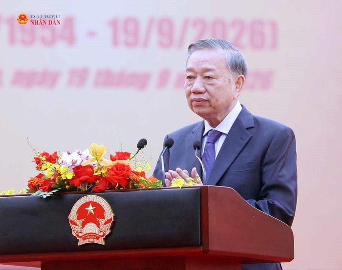 Tổng Bí thư, Chủ tịch nước Tô Lâm phát biểu tại Lễ kỷ niệm 72 năm Ngày Bác Hồ về thăm Đền Hùng và khánh thành Tượng đài “Bác Hồ với ngày hội non sông”. Ảnh: Thống Nhất/ TTXVN