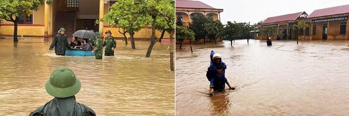 Trường THCS Sông Trí ngập sâu trong đợt mưa lớn sau ngày khai giảng, lực lượng chức năng phải dùng thuyền sơ tán cô và trò.