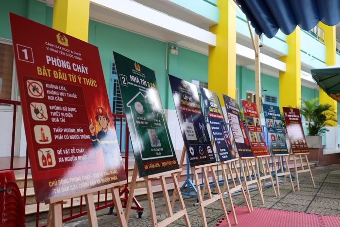 Theo dõi và hỗ trợ địa phương vận hành mô hình này, Đội Chữa cháy và Cứu nạn cứu hộ Khu vực 13 đã tham mưu, cùng BGH nhà trường xây dựng không gian học tập dành cho các em học sinh với đầy đủ các mô hình trải nghiệm phong phú, sinh động - Trong ảnh là những banner hướng dẫn các kỹ năng và lưu ý quan trọng về PCCC&CNCH trong môi trường học đường và tại các hộ gia đình