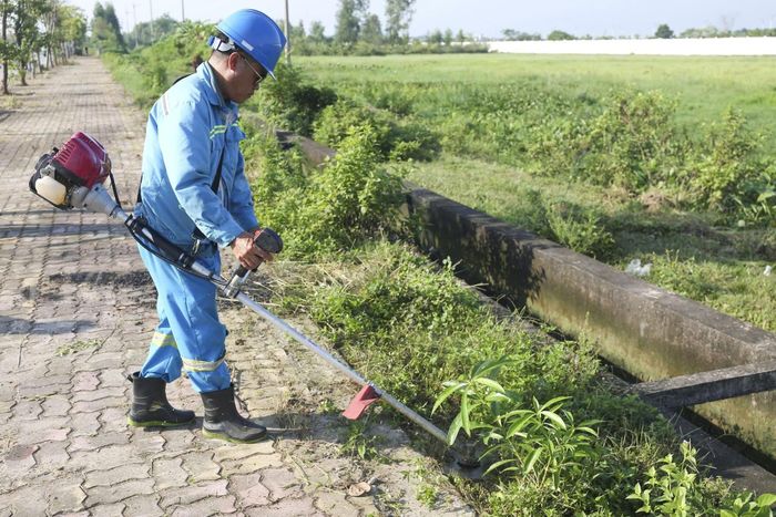 Lực lượng cắt cỏ ven tuyến đường Võ Nguyên Giáp nối đô thị vệ tinh Sóc Sơn. Ảnh: Ngô Khiêm.