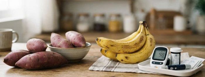 Chuối và khoai lang đều cung cấp các chất dinh dưỡng và lợi ích sức khỏe. Ảnh minh họa AI