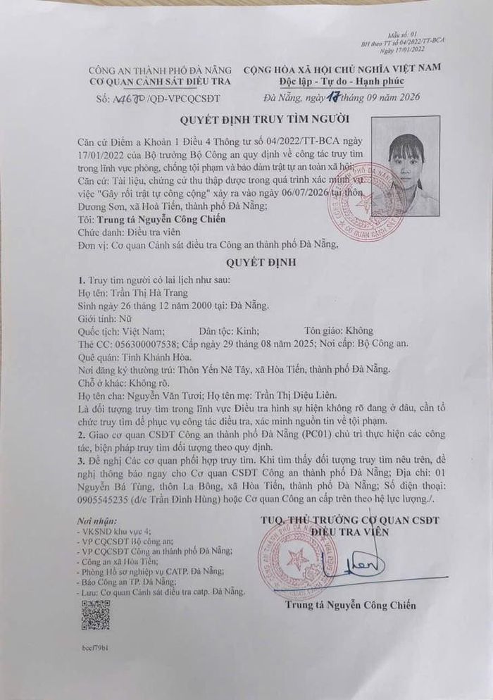 Quyết định truy tìm Trần Thị Hà Trang. Ảnh: Công an TP Đà Nẵng.