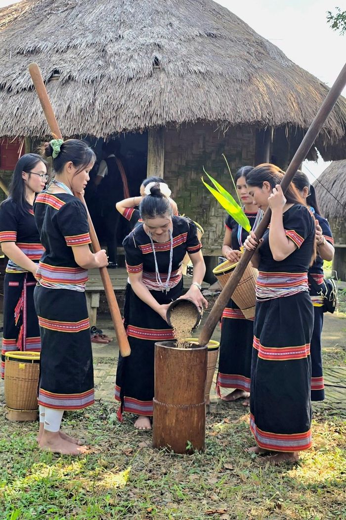 Nam thanh, nữ tú trong buôn làng giã gạo, lên rừng tìm sản vật chuẩn bị cho việc mở hội