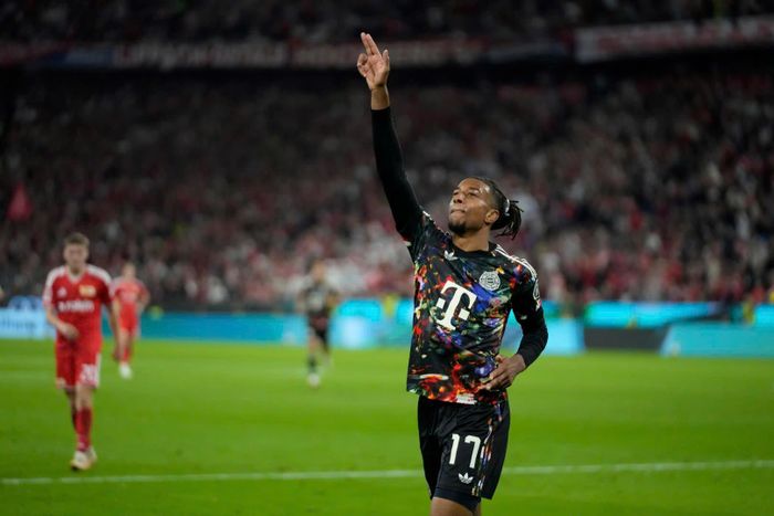 Olise đang "bay cao" trong màu áo Bayern Munich. Ảnh: AP