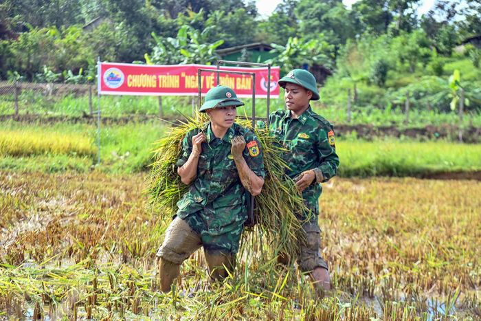 Cán bộ, chiến sĩ Đồn Biên phòng Cửa khẩu A Đớt giúp người dân vận chuyển lúa về nhà