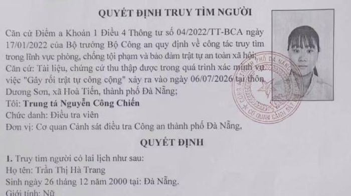 Quyết định truy tìm đối tượng Trần Thị Hà Trang.