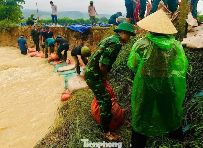Những bao cát sau khi được đóng đầy nhanh chóng chuyển đến các điểm có nguy cơ sạt lở, xếp chồng lên nhau tạo thành lớp gia cố tạm thời.