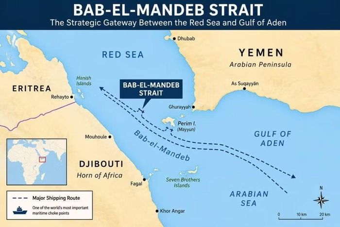  Eo biển Bab el-Mandeb có tầm quan trọng chiến lược, nối Biển Đỏ﻿ với vịnh Aden. Đồ họa: Indic Info. 