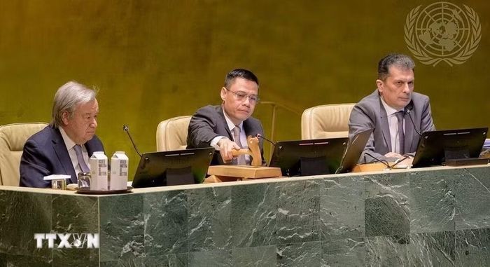 Ngày 29/3/2023, Đại hội đồng Liên hợp quốc đã thông qua bằng đồng thuận Nghị quyết yêu cầu Toà án Công lý Quốc tế (ICJ) đưa ra ý kiến tư vấn đối với vấn đề biến đổi khí hậu. Nghị quyết được đệ trình theo sáng kiến của Vanuatu và Nhóm nòng cốt gồm 18 nước, trong đó có Việt Nam. Với tư cách Phó Chủ tịch Đại hội đồng Liên hợp quốc, Đại sứ Đặng Hoàng Giang, Trưởng Phái đoàn đại diện thường trực Việt Nam tại Liên hợp quốc chủ trì phiên thảo luận và thông qua nghị quyết. (Ảnh: Thanh Tuấn/TTXVN)