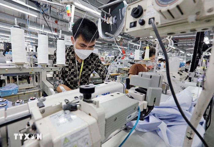 Sản xuất quần áo xuất khẩu sang thị trường Hoa Kỳ tại Công ty may TAL Vĩnh Phúc. (Ảnh: Trần Việt/TTXVN)
