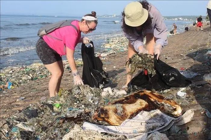 Rác từ biển trôi dạt vào bờ, gây ảnh hưởng lớn đến môi trường du lịch tại một số bãi biển ở Mũi Né (Lâm Đồng). Ảnh: Hồng Hiếu- TTXVN