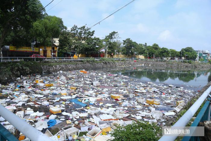 Tại khu vực Hào Thành cổ Vinh, phườngThành Vinh, mực nước dâng cao đã cuốn theo một lượng lớn rác thải, khiến chúng tập trung với mật độ dày đặc trên bề mặt hào.