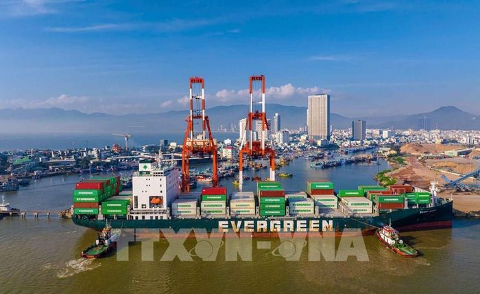 Tàu container xếp dỡ hàng hóa tại Cảng Quy Nhơn - cửa ngõ xuất nhập khẩu chủ lực của hàng hóa Tây Nguyên, là điểm đầu trong hệ thống logistics của tỉnh Gia Lai. Ảnh: Dũng Nhân - TTXVN phát