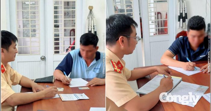 Cán bộ Đội Cảnh sát giao thông số 3 làm việc với các tài xế vi phạm.