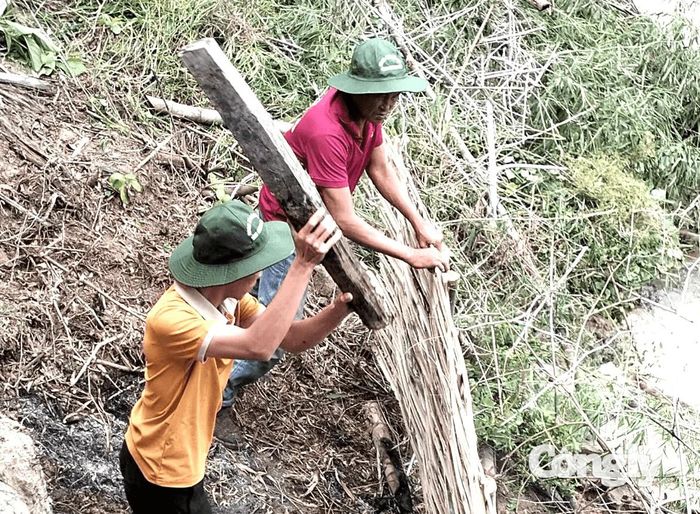 Khẩn trương gia cố các điểm sạt lở ven sông Tân Lâm.