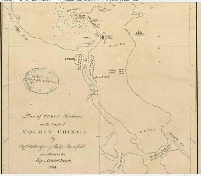 Bản đồ Vịnh Turon (Đà Nẵng) do hai sĩ quan Hải quân Hoàng gia Anh Arthur Gore & Philip Bromfield vẽ năm 1764. Ảnh: Tư liệu