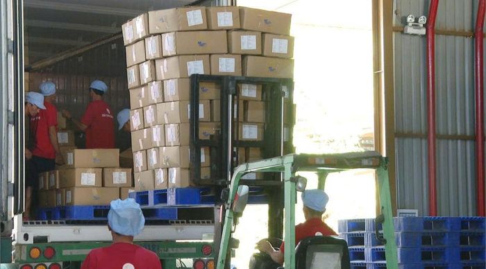 Công nhân đưa hàng thủy sản sau chế biến ở phường La Gi (Lâm Đồng) lên xe container chở đi xuất khẩu