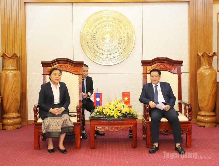 Đồng chí Hoàng Gia Long, Ủy viên Ban Thường vụ Tỉnh ủy, Phó Chủ tịch UBND tỉnh Tuyên Quang và đồng chí Chăn Thạ Sỏn Phun Súc, Ủy viên Ban Thường vụ Tỉnh ủy, Phó Chủ tịch Ủy ban Chính quyền tỉnh Xiêng Khoảng tại buổi tiếp.