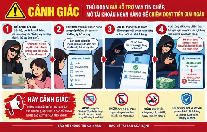 Cảnh giác với thủ đoạn giả hỗ trợ vay tín chấp, mở tài khoản ngân hàng để chiếm đoạt tiền giải ngân (Nguồn: Công an Quảng Ninh)