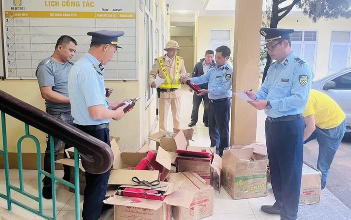 Lực lượng chức năng kiểm tra hàng hóa bị thu giữ.