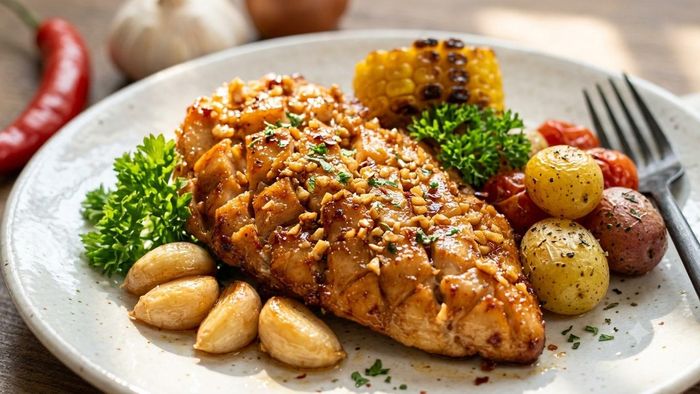 Mùi thơm của tỏi, vị đặc trưng của sốt đã tạo nên món ức gà nướng tỏi cực kỳ hấp dẫn. Ảnh minh họa