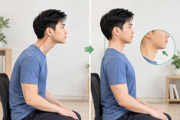 Động tác thu cằm giúp đưa đầu về vị trí trung tính, cải thiện tư thế cổ rùa.. Ảnh: AI.