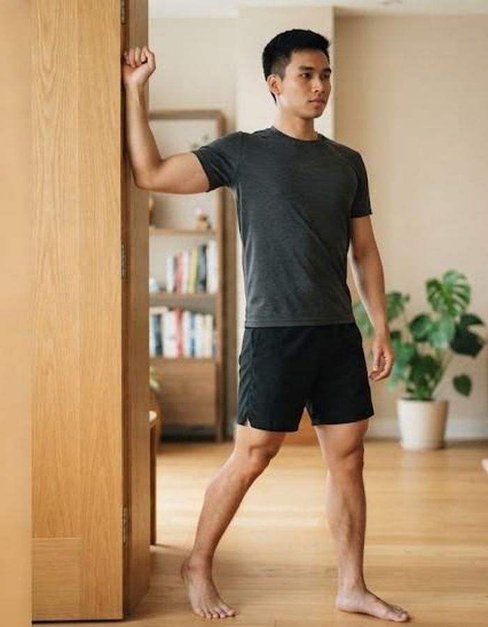 Kéo giãn cơ ngực để giảm xu hướng vai cuộn. Ảnh: AI.