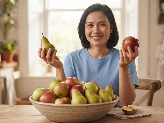 Cả táo và lê đều có chỉ số đường huyết (GI) thấp và hàm lượng chất xơ cao. Ảnh minh họa AI