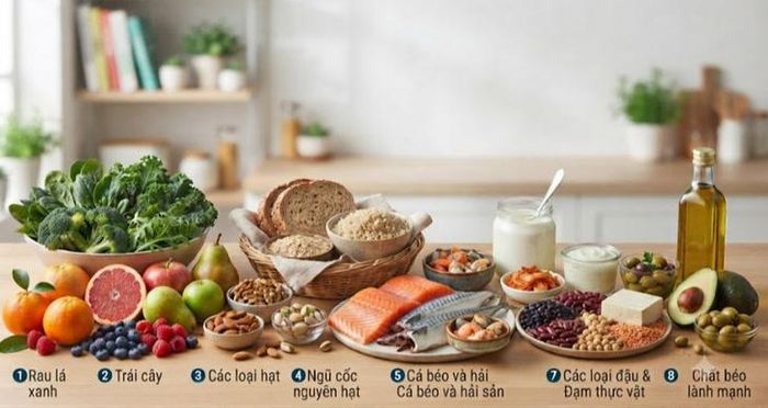 8 nhóm thực phẩm thiết yếu cho chế độ ăn uống lành mạnh giảm nguy cơ đột quỵ.