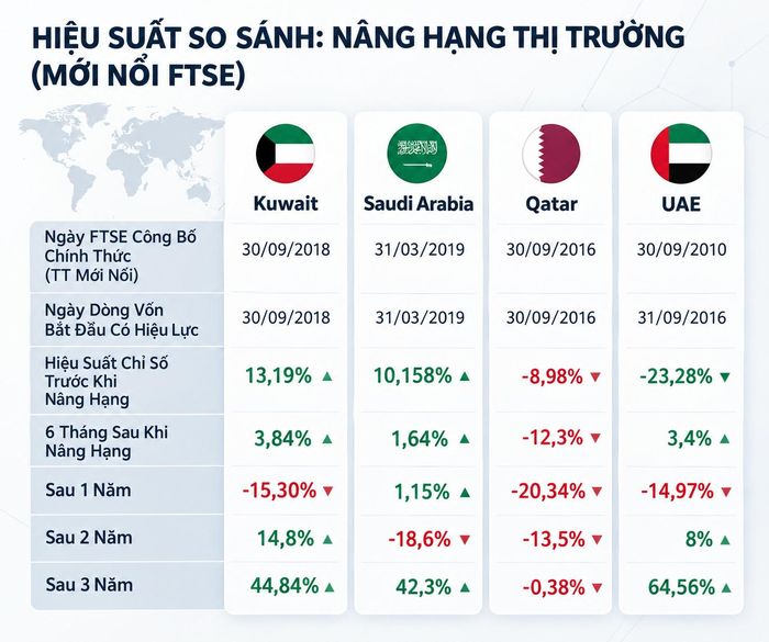  Thống kê diễn biến chỉ số chứng khoán của Kuwait, Saudi Arabia, Qatar và UAE trước và sau khi được FTSE nâng hạng. Ảnh: Tạo bởi AI. 