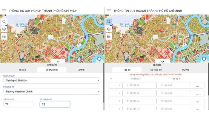Hai cách tra cứu trực tiếp trên Cổng thông tin quy hoạch TP.HCM: theo số tờ, số thửa tại Hiệp Bình Chánh và theo tọa độ VN2000.