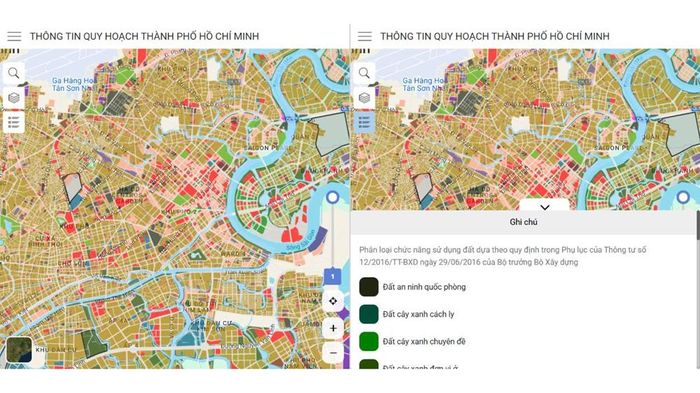Bản đồ nền và bảng chú giải màu chức năng sử dụng đất trên Cổng thông tin quy hoạch TP.HCM.