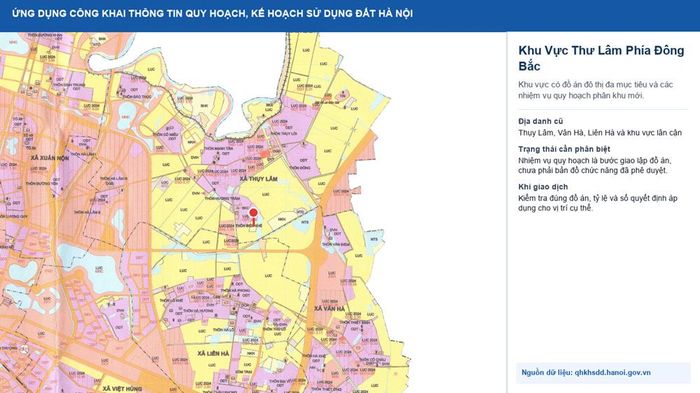Khu vực Thư Lâm phía đông bắc Đông Anh trên lớp dữ liệu công khai của thành phố.