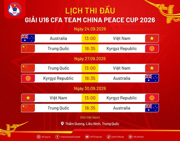 Lịch thi đấu của U16 Việt Nam tại Giải U16 quốc tế CFA Team China Peace Cup 2026