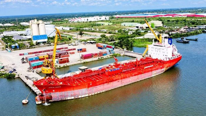 Bốc dỡ hàng hóa tại cảng của Khu công nghiệp Sông Hậu, thành phố Cần Thơ. (Ảnh: THANH TÂM)